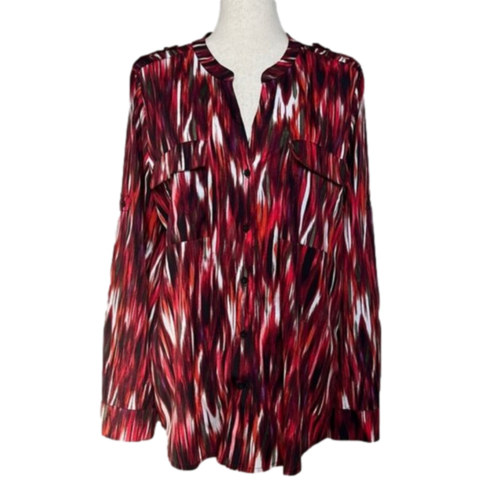 Calvin Klein Red Collarless V Neck Watercolor Button Down Blouse-Size Large​